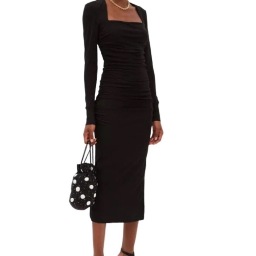 Ganni Black Ruched Square Neck Midi Dress